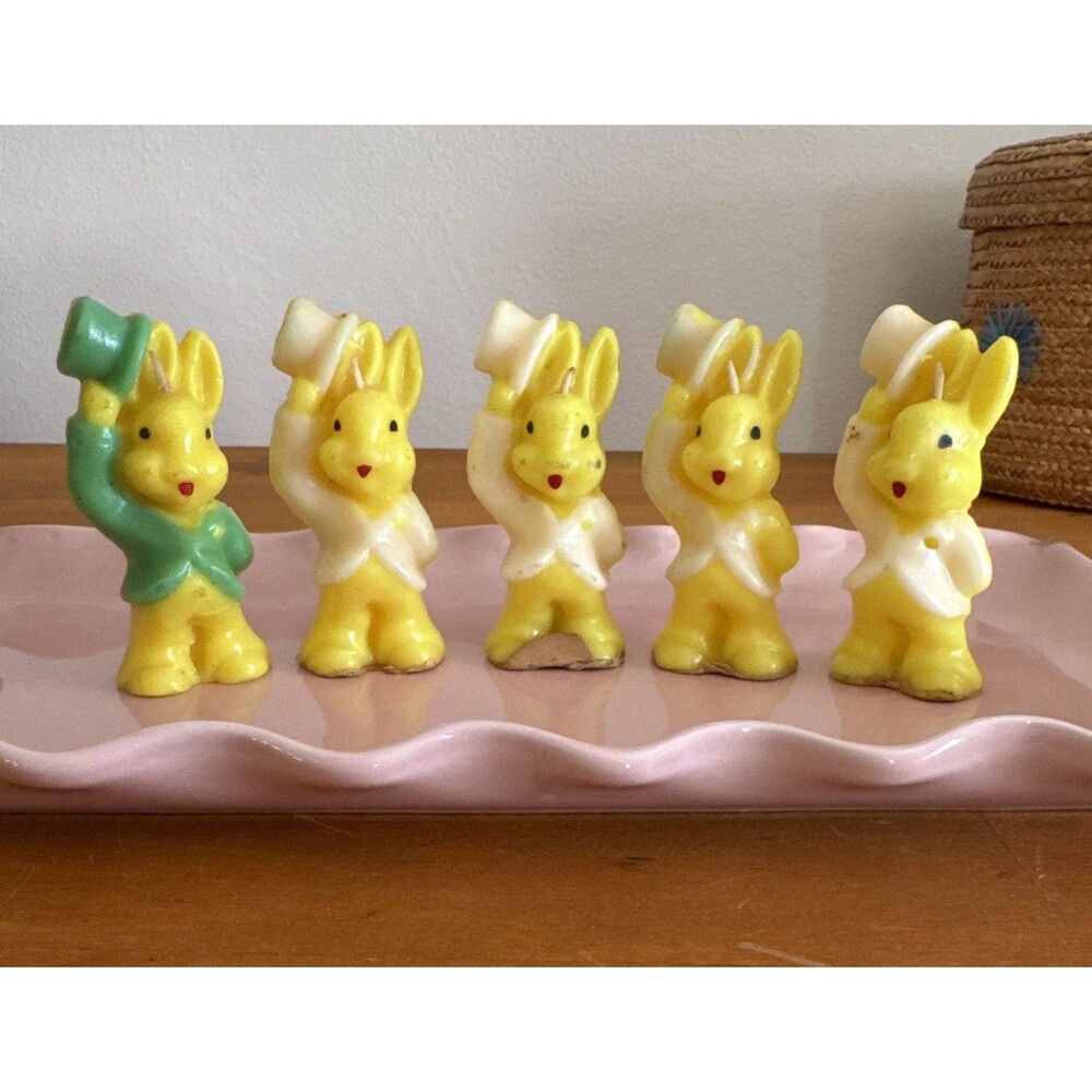 Vintage Gurley Candle Co Yellow Rabbits  Top Hats, Lot of 5, Unburned 3.5 Inch